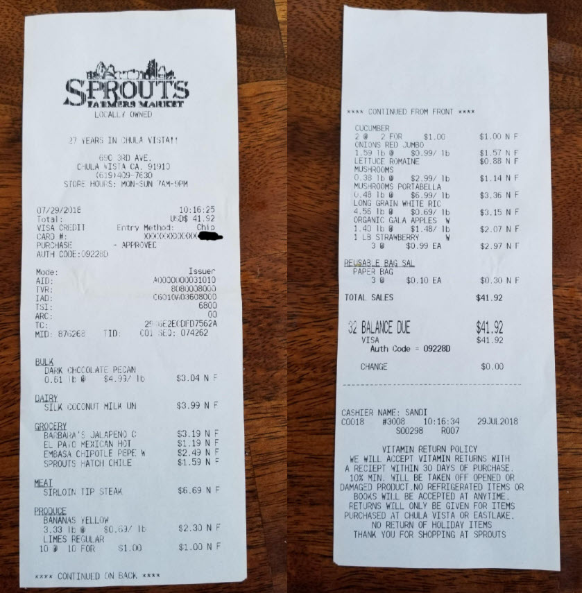Two-page grocery receipt with continuation from front to back