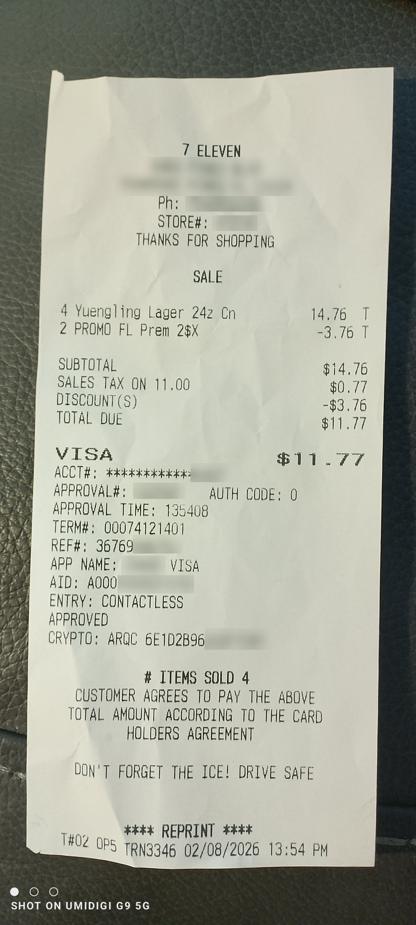 Convenience-store receipt with tax detail and discount