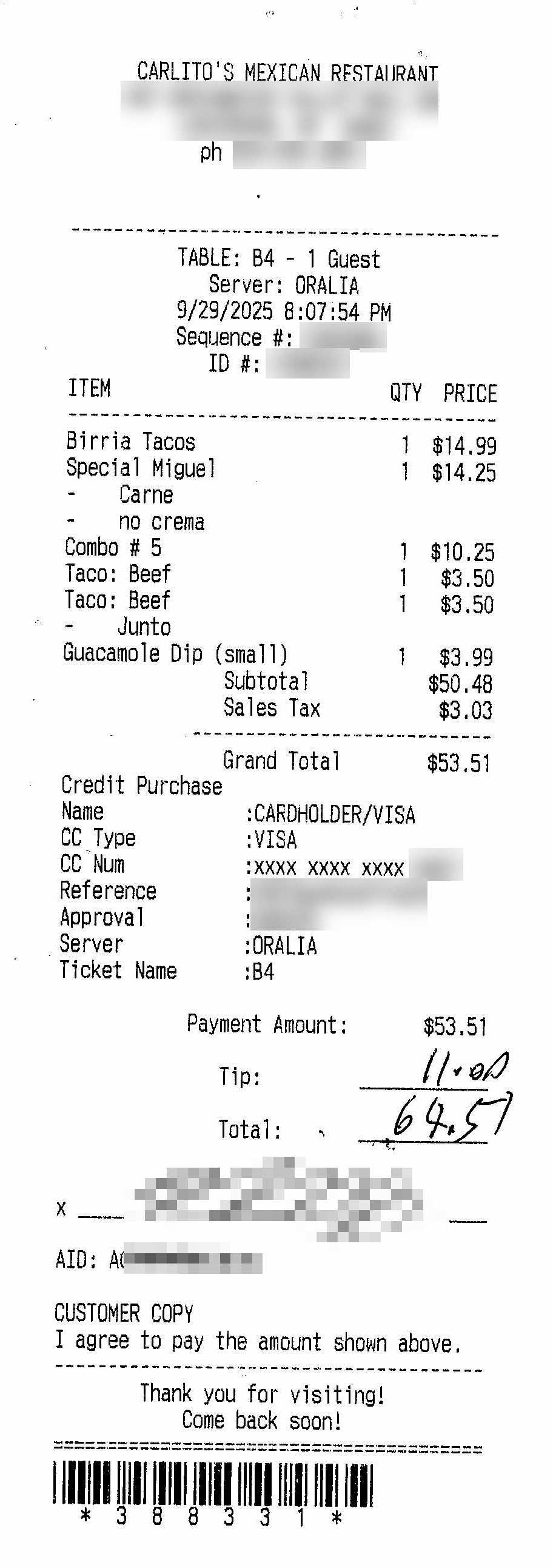 Restaurant receipt with handwritten tip and handwritten final total