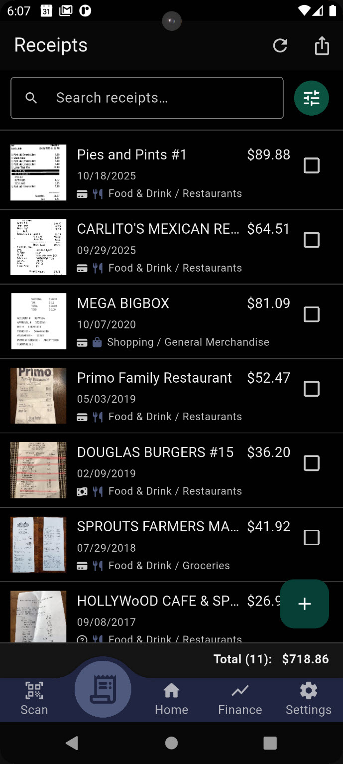 Receipts list and details