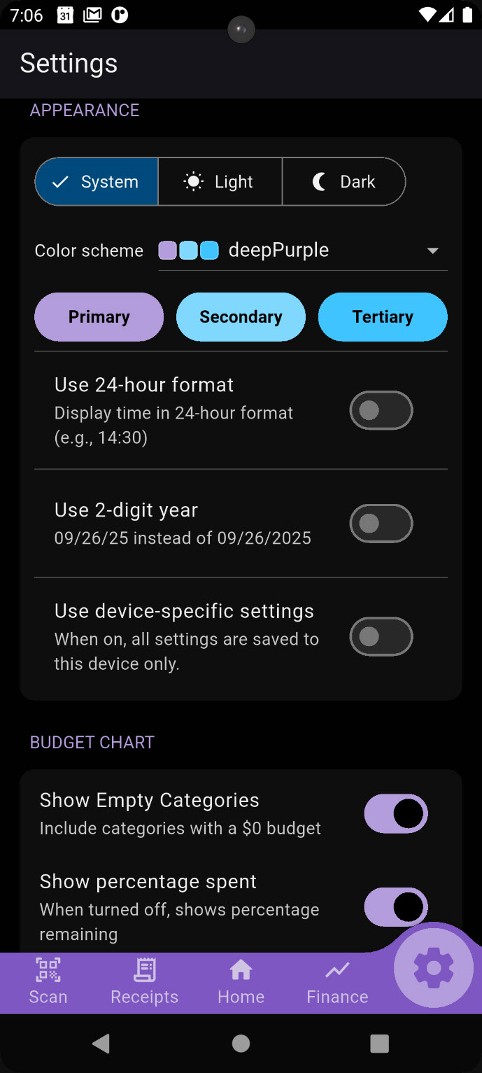 Settings sections